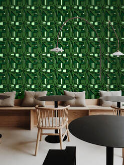 BLOK Forest green patterned wallpaper in a cafe interior