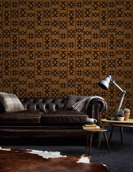 Brown and black glyph commercial designer wallpaper on a wall in a hotel lobby interior