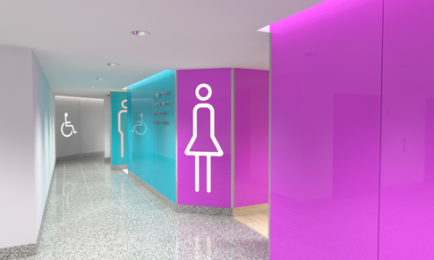 Pink and blue colours and large signage is used to differentiate between the male and female toilets