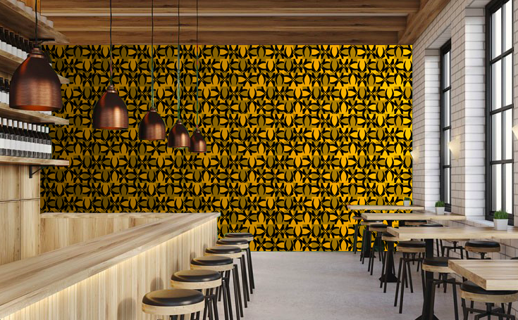 Black and gold geometric patterened wallpaper called 173NASH Razor by Luke Edwards Interior Design on a wall in a cafe interior