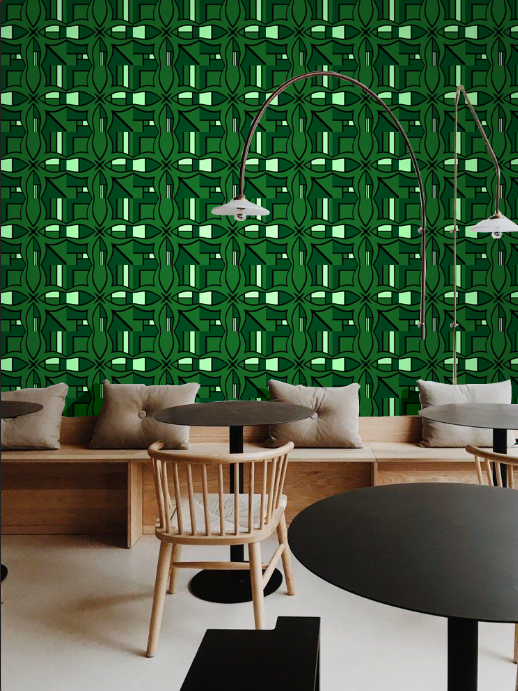 BLOK - Forest. Green geometric wallpaper on a wall in a cafe interior