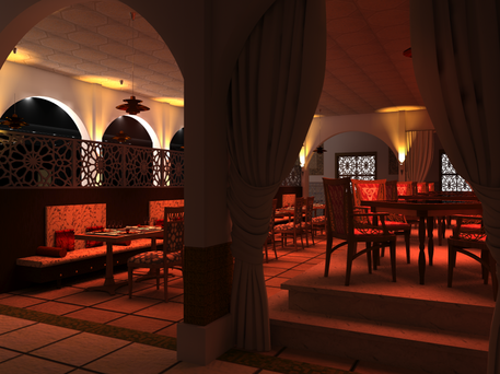 Decorative screens with curtains and mood lighting set the tone in the seating area in this restaurant interior