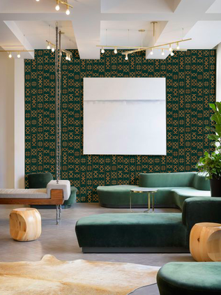 Glyph - Angkor. Dark green with brown glyph patterns wallpaper on a wall in a retail store interior space