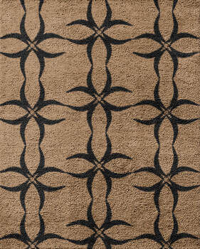Luxury hand made rug design consisting of black curved geometric patterns on a salmon coloured background