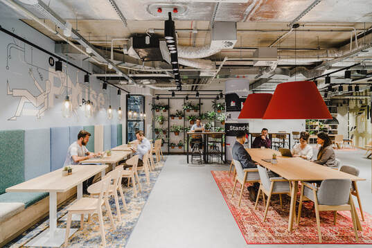People working in an open commercial office interior with rugs used to divide spaces