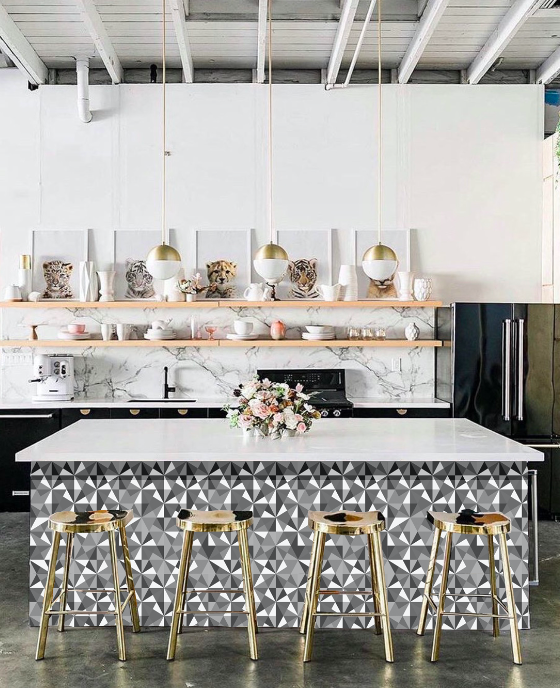 Jewel - Diamond. Grey wallpaper on a large kitchen island in a residential interior