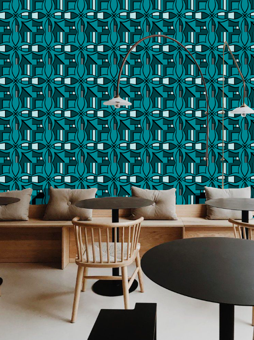 Luke Edwards Interior Design Blok Mountain Lake wallpaper on a wall in a cafe interior