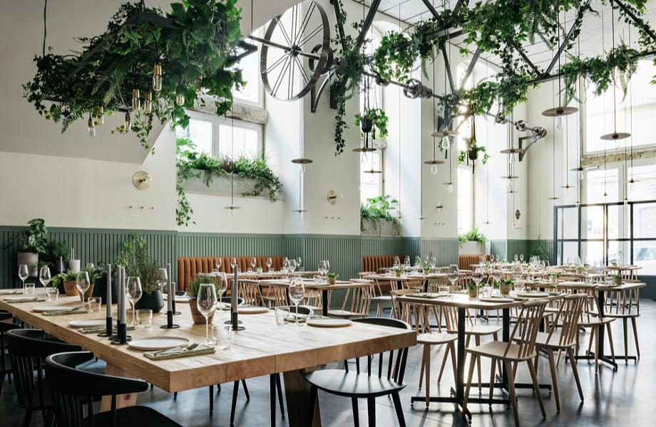 Natural colour palette and materials of wood and green plants used in the Prado restaurant interior in Lisbon