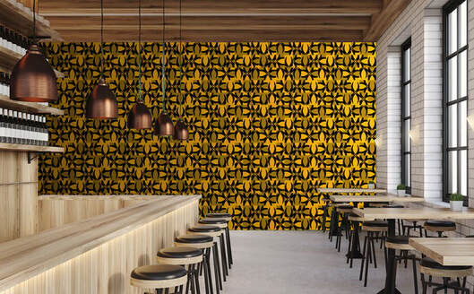 173NASH Razor black gold patterend wallpaper on a wall in a cafe interior