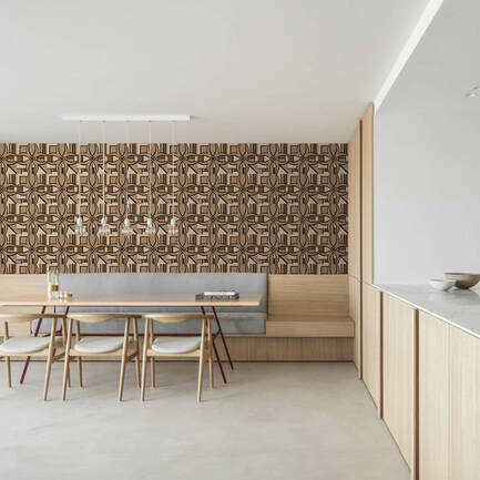 BLOK Wood earth and neutral toned patterned graphical wallpaper on a wall in an interior